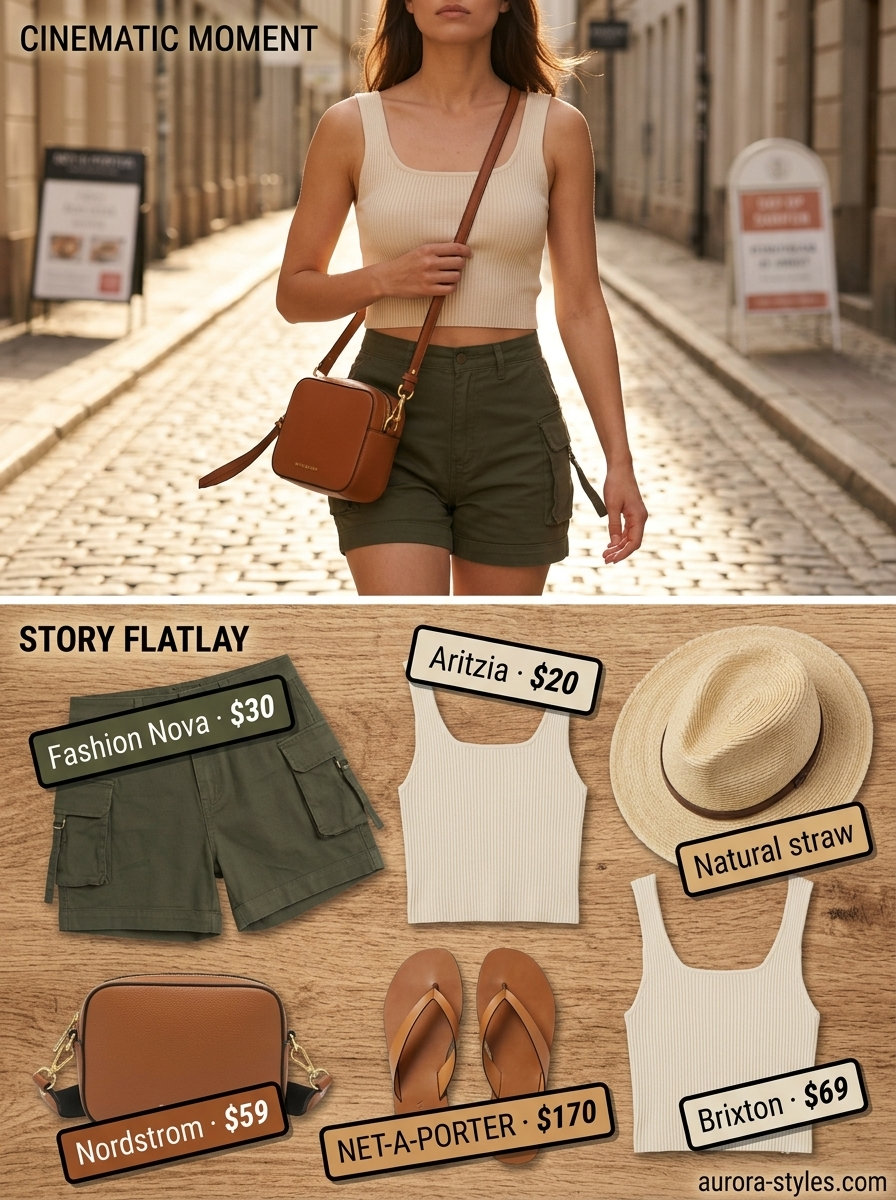Neutral summer outfits for women 2026: Olive green cargo shorts and cream tank for a trendy casual look.