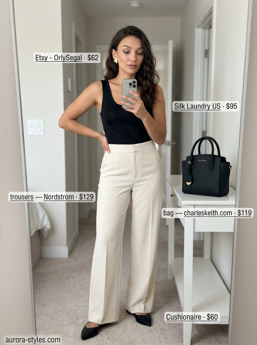 Neutral summer outfits for women 2026: Cream wide-leg trousers and black bodysuit for a sophisticated evening look.