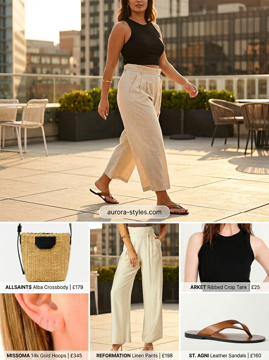 Neutral summer outfits for women 2026: Stone beige cropped wide-leg pants with black tank for shopping.