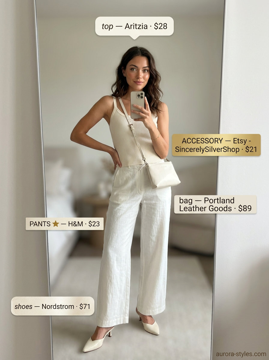 Neutral summer outfits for women 2026: Ivory linen pants and camisole for a chic travel look.