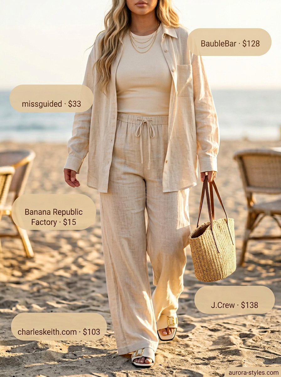 Neutral summer outfits for women 2026: Creamy beige linen set for a chic beach brunch look.