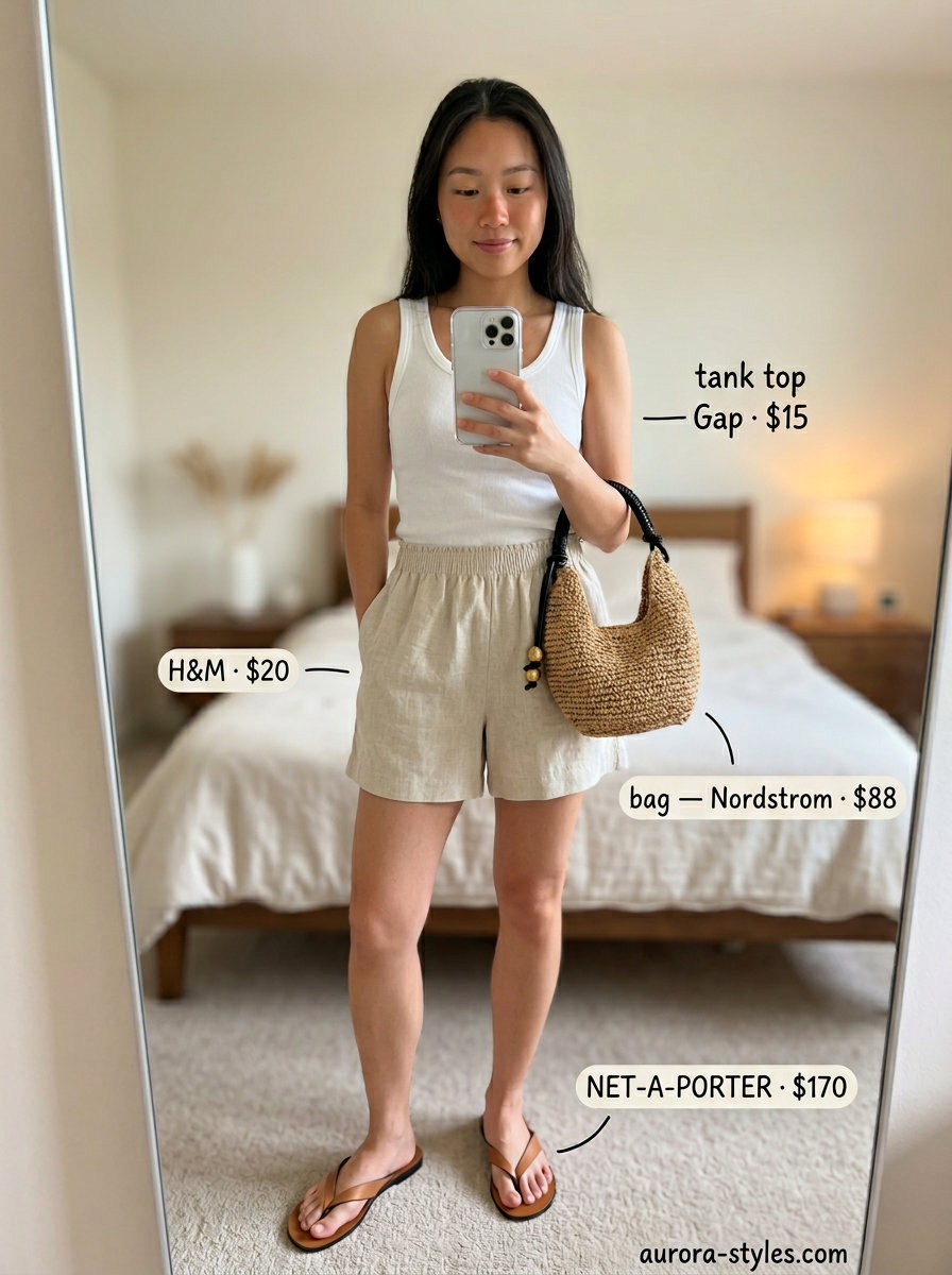 Neutral summer outfits for women 2026: Sand beige linen shorts and oversized shirt set for beach walks.