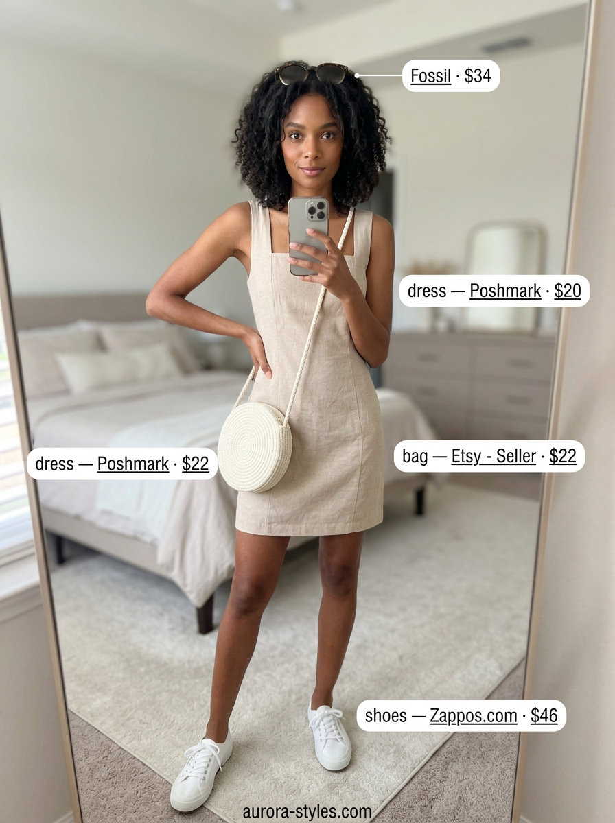 Neutral summer outfits for women 2026: Soft tan linen sundress for a casual beach day look.