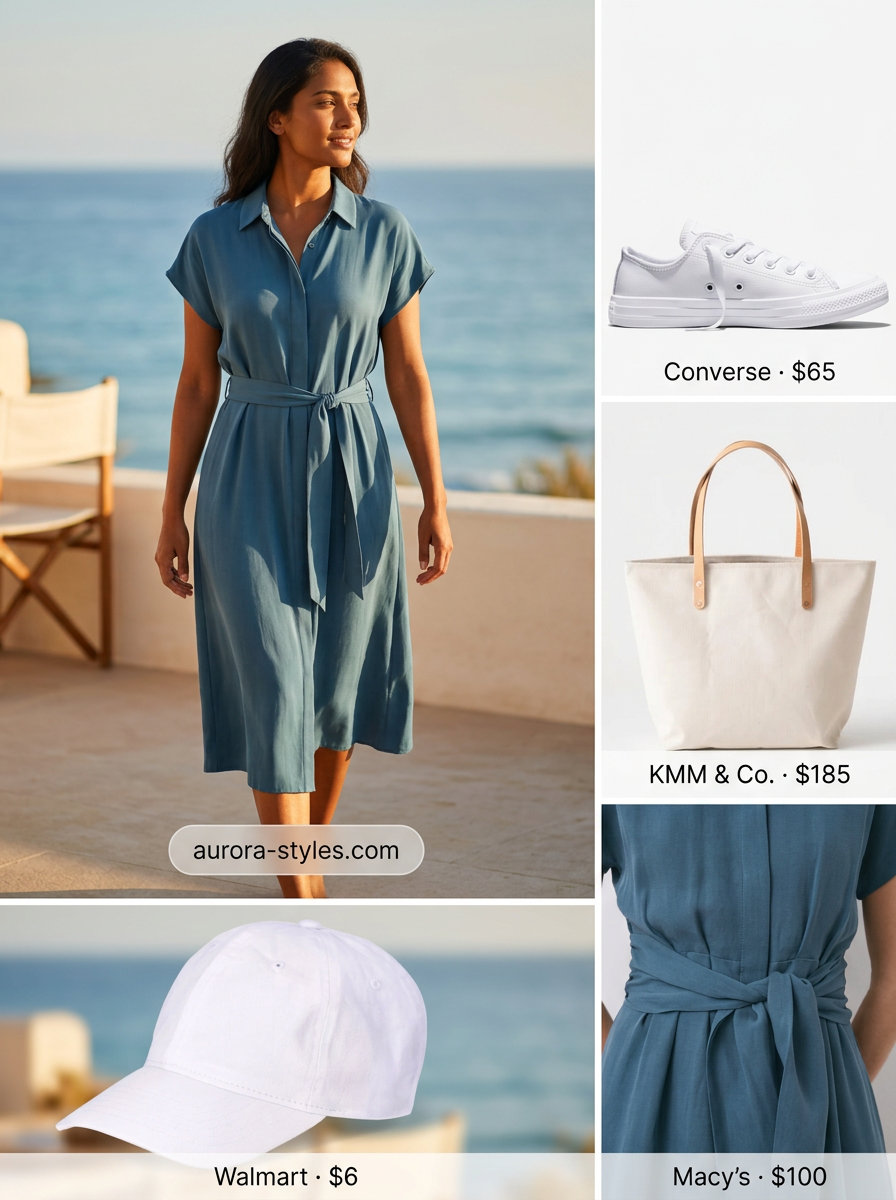 Neutral summer outfits for women 2026: Muted blue shirt dress for a relaxed beach cover-up or brunch.