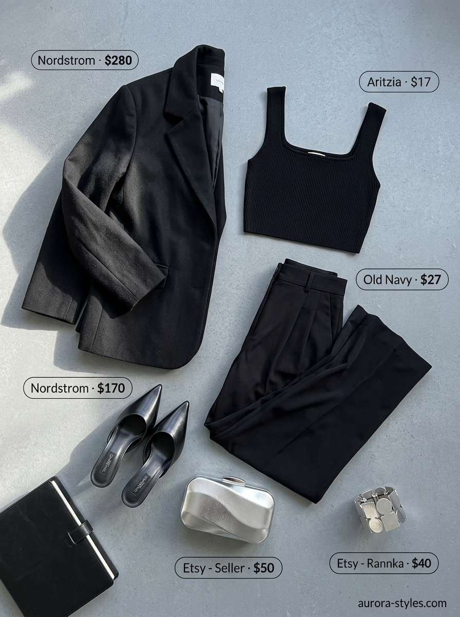 Black Blazer outfit for NYC street style summer outfits 2026. Wide-leg trousers, cropped tank, stiletto mules, silver cuff.