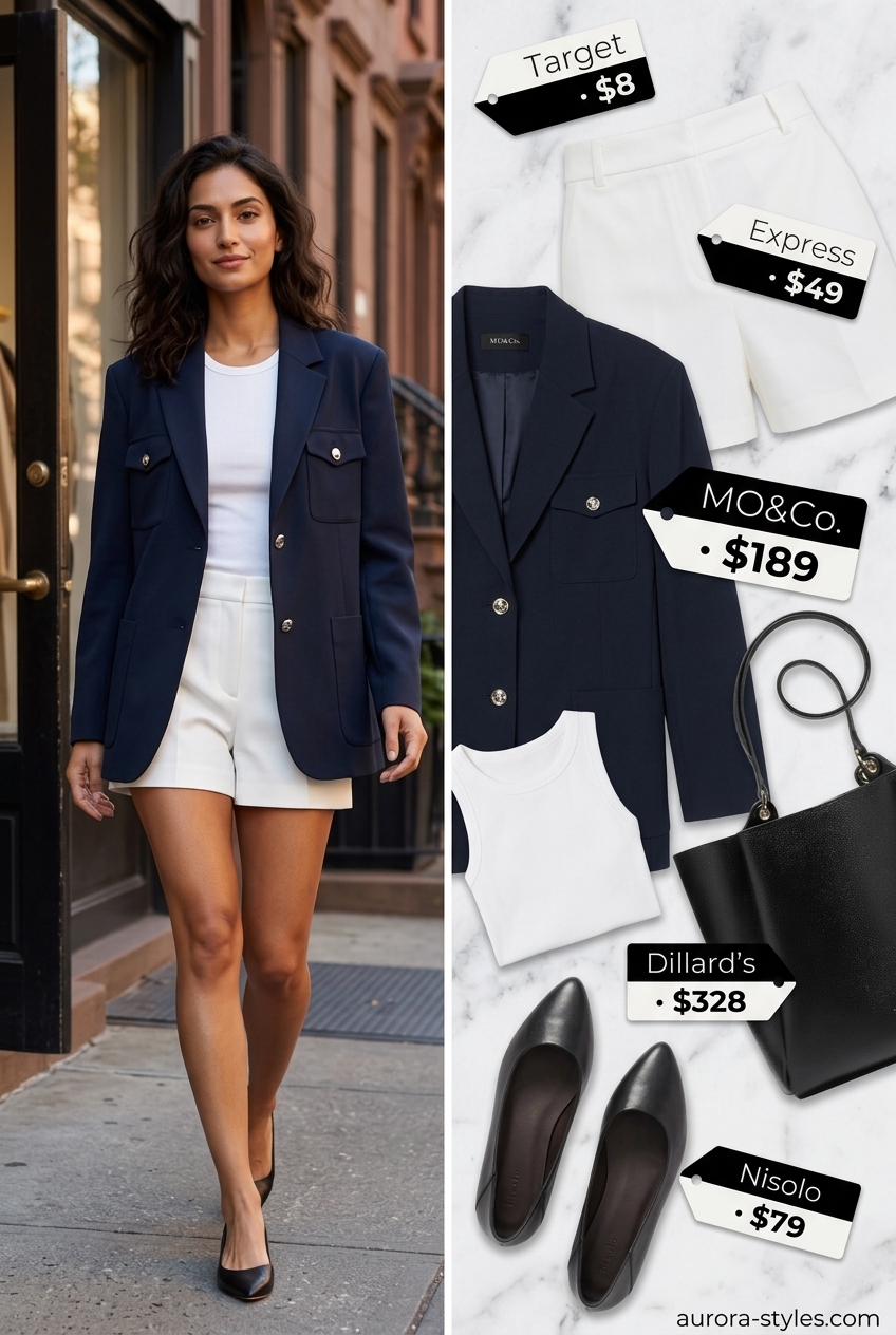 Navy blazer with white shorts and loafers for smart casual nyc street style summer outfits 2026.