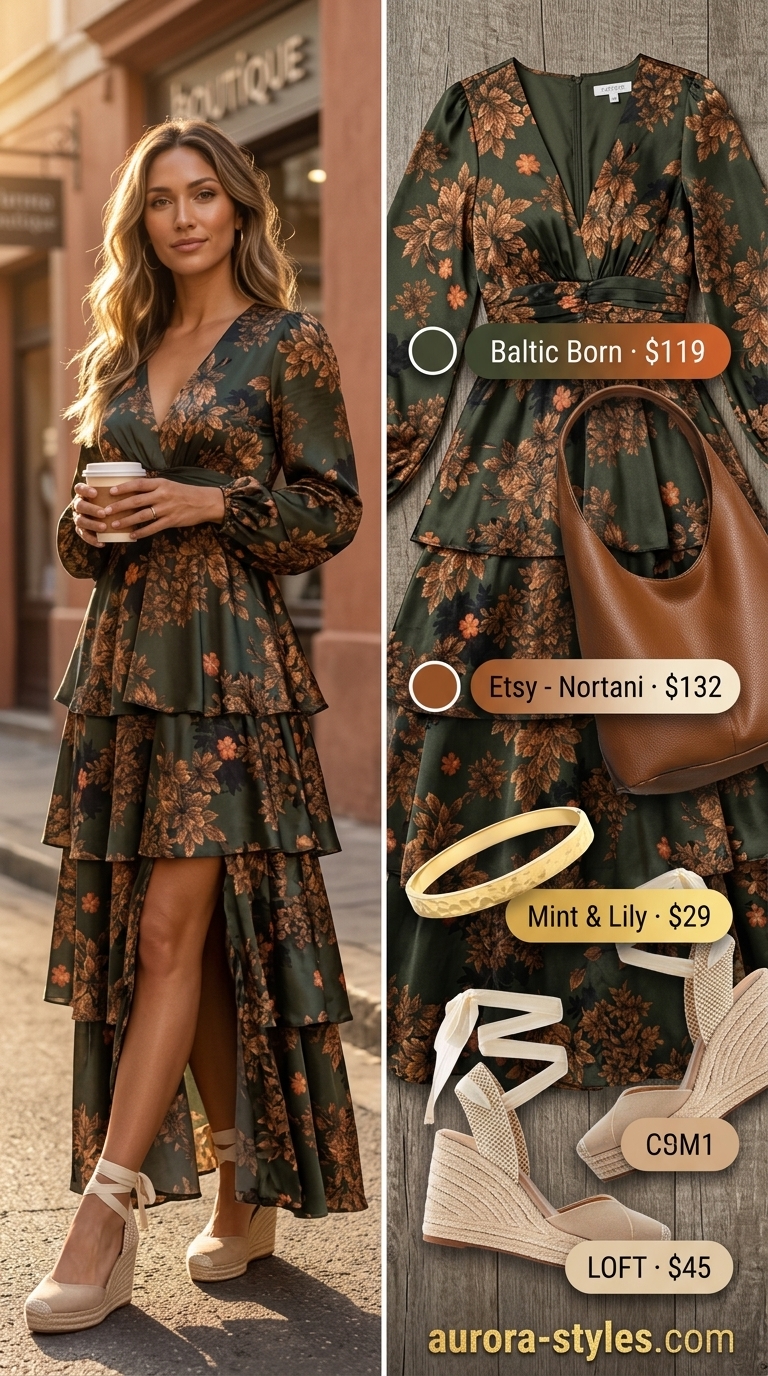 Modern Bohemian Maxi dress for NYC street style summer outfits 2026. Earth tones, flowy print, espadrilles, hobo bag.