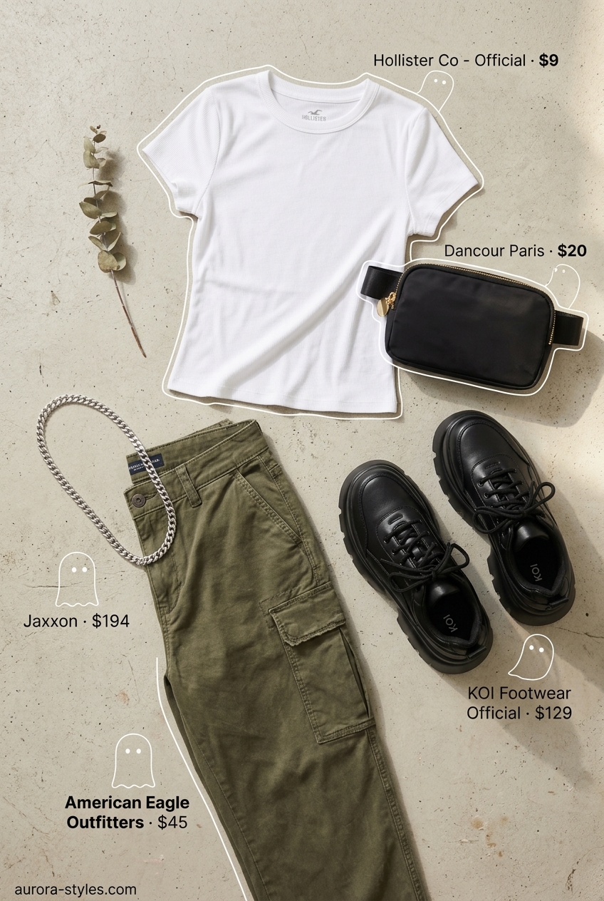 Olive Cargo Pants outfit for NYC street style summer outfits 2026. White tee, belt bag, platform sneakers, silver chain.