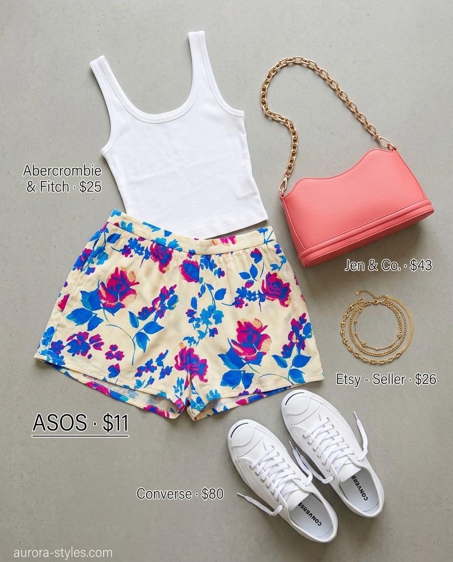 Floral mini shorts, white tank top, white sneakers for playful NYC street style summer outfits 2026.