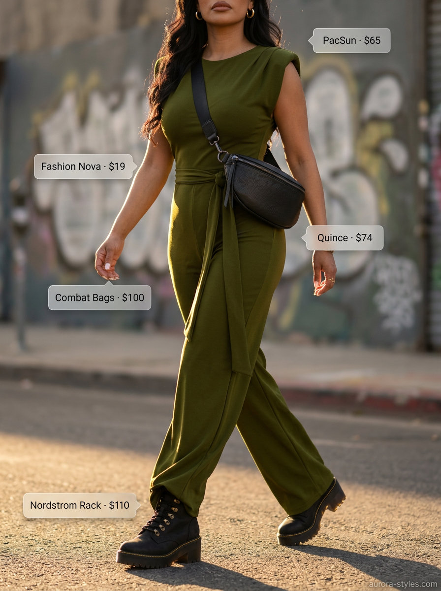 Olive green utility jumpsuit, combat boots, black crossbody bag for edgy NYC street style summer outfits 2026.