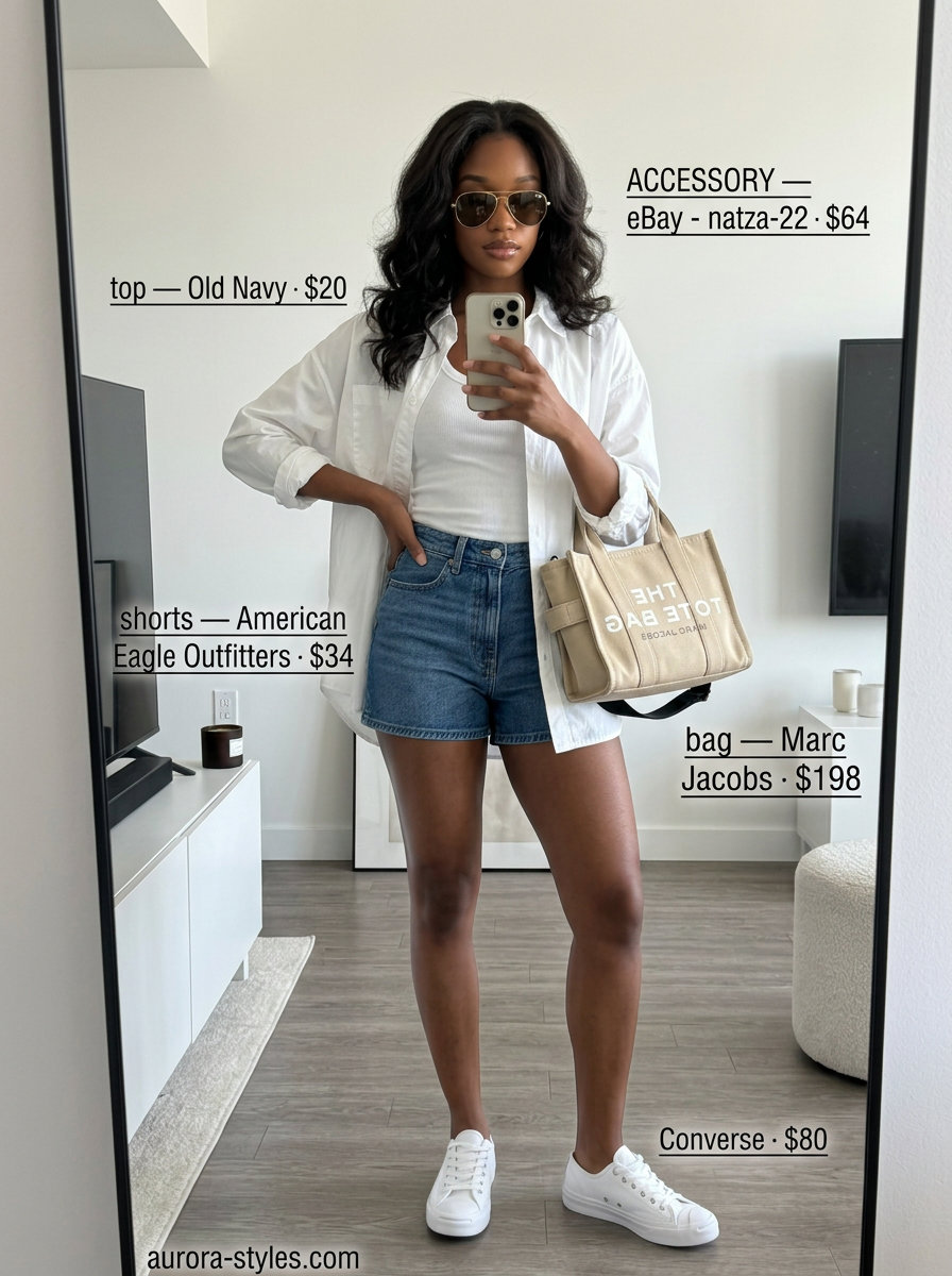 Denim shorts with oversized white shirt, sneakers, and tote for nyc street style summer outfits 2026.