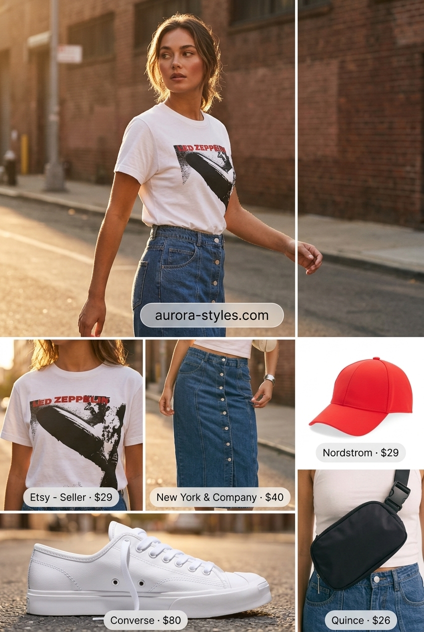 Denim midi skirt with graphic tee, belt bag, and red cap for nyc street style summer outfits 2026.