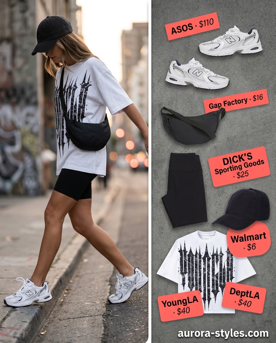 Black biker shorts, oversized graphic tee, dad sneakers for trendy NYC street style summer outfits 2026.