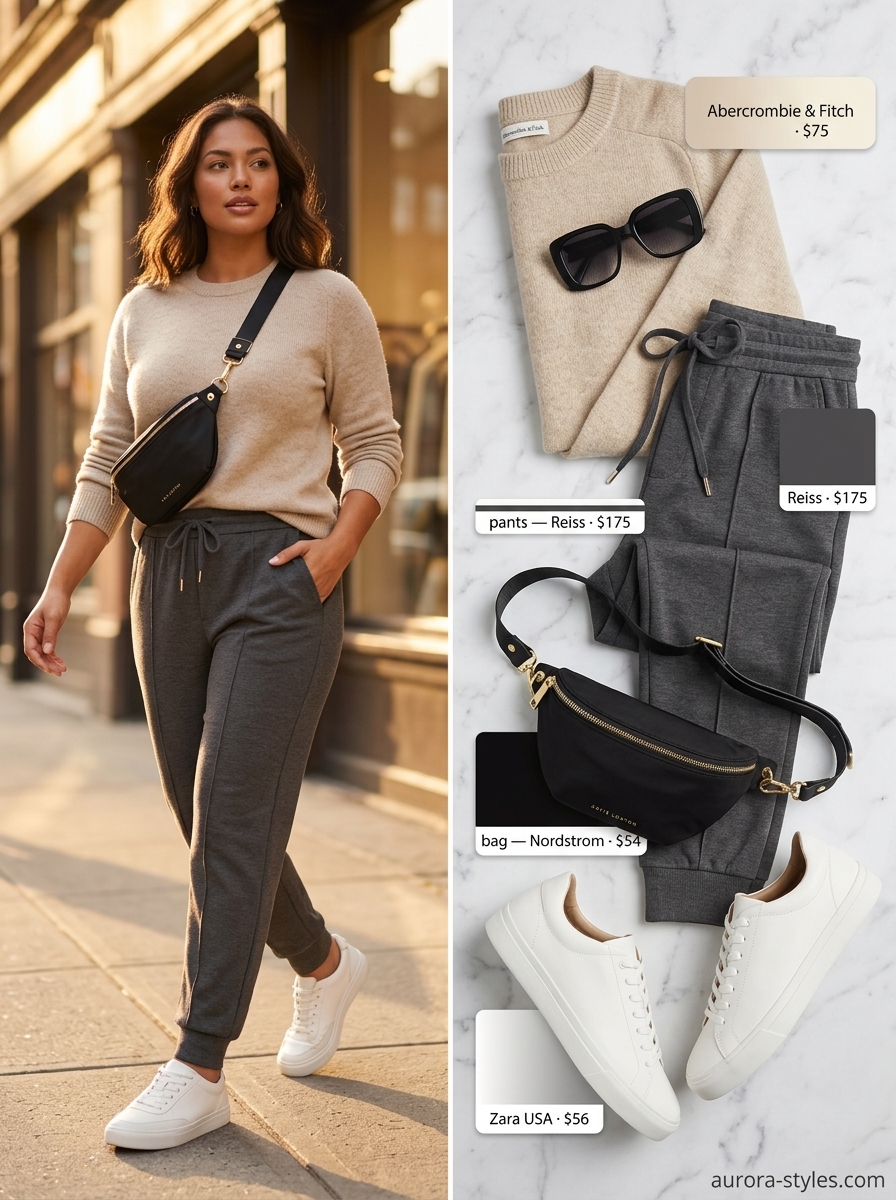 Charcoal joggers with crewneck sweater and sneakers for comfortable nyc street style summer outfits 2026.