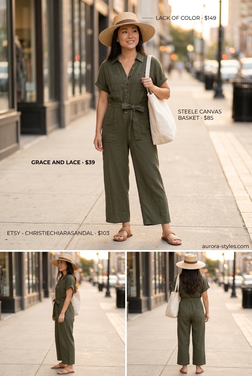 Khaki green utility jumpsuit with tan sandals and straw hat for casual nyc street style summer outfits 2026.