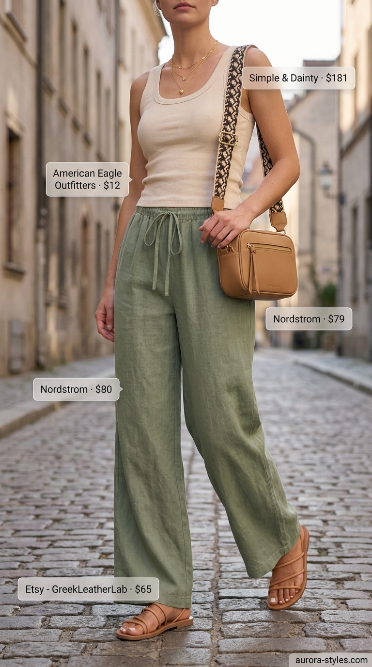 Sage Green Linen Pants outfit for NYC street style summer outfits 2026. Wide-leg, ribbed tank, leather sandals, crossbody bag.