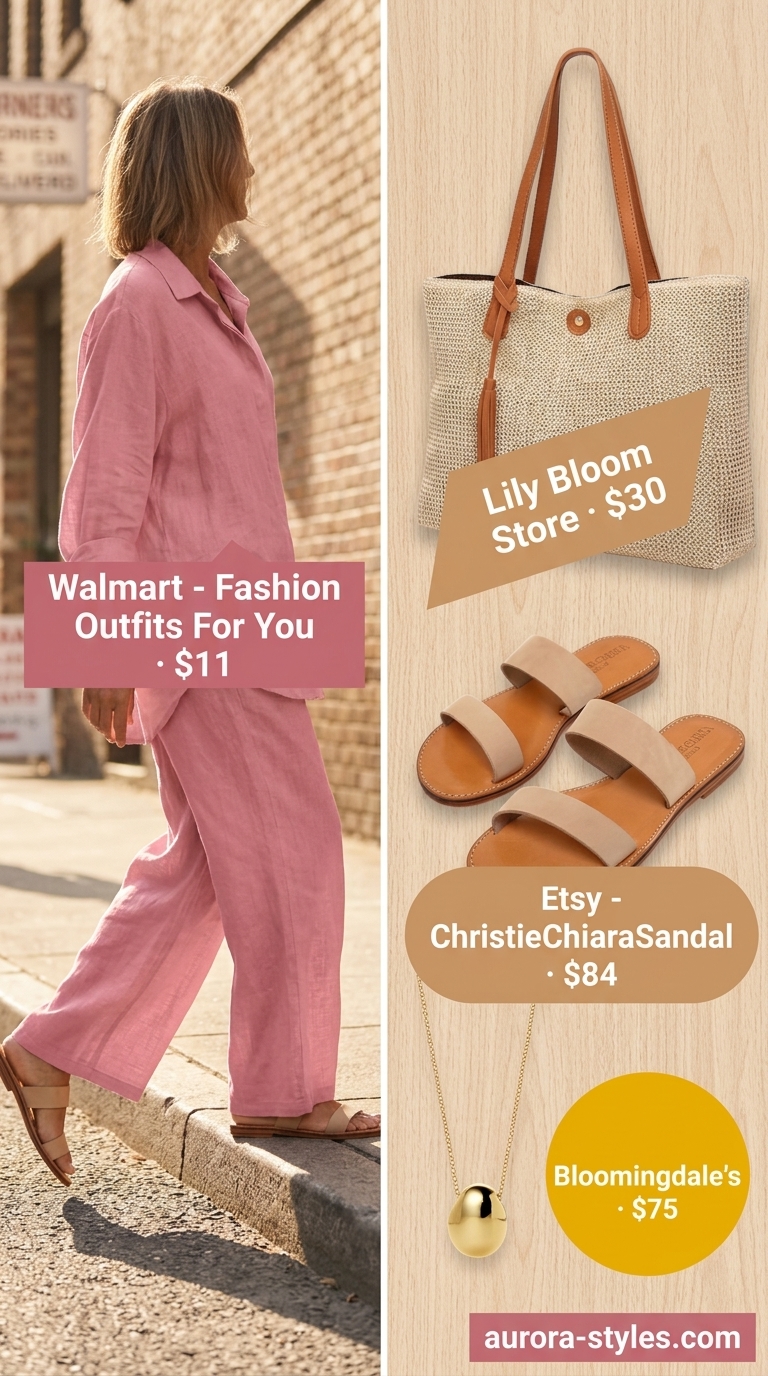 Blush Pink Linen Set for NYC street style summer outfits 2026. Oversized shirt, wide-leg pants, leather slides, straw tote.