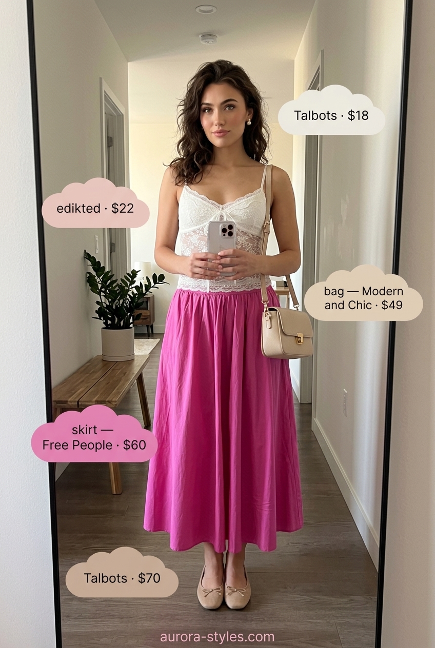 Blush Pink Midi Skirt outfit for NYC street style summer outfits 2026. Lace top, pearl earrings, ballet flats, crossbody bag.