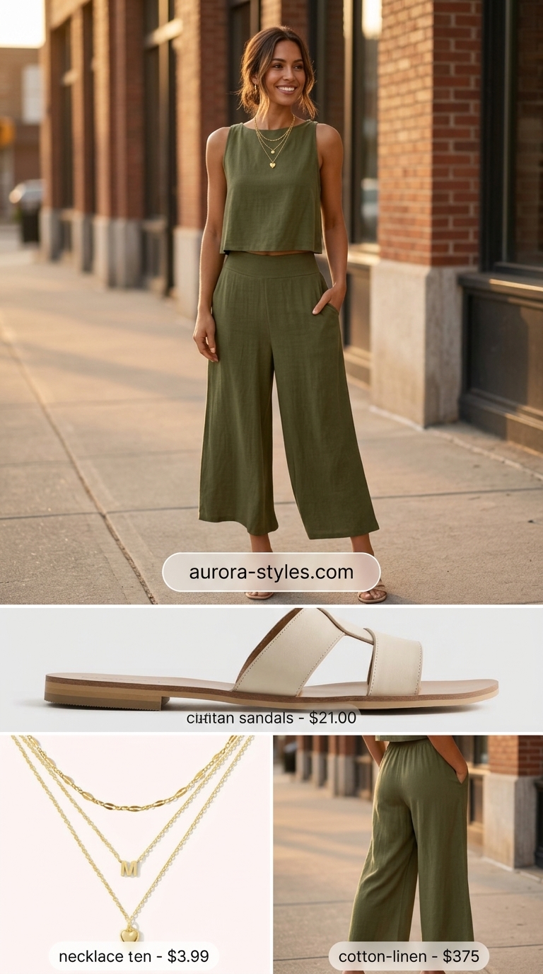 Olive linen set with leather slides and layered necklaces for relaxed nyc street style summer outfits 2026.