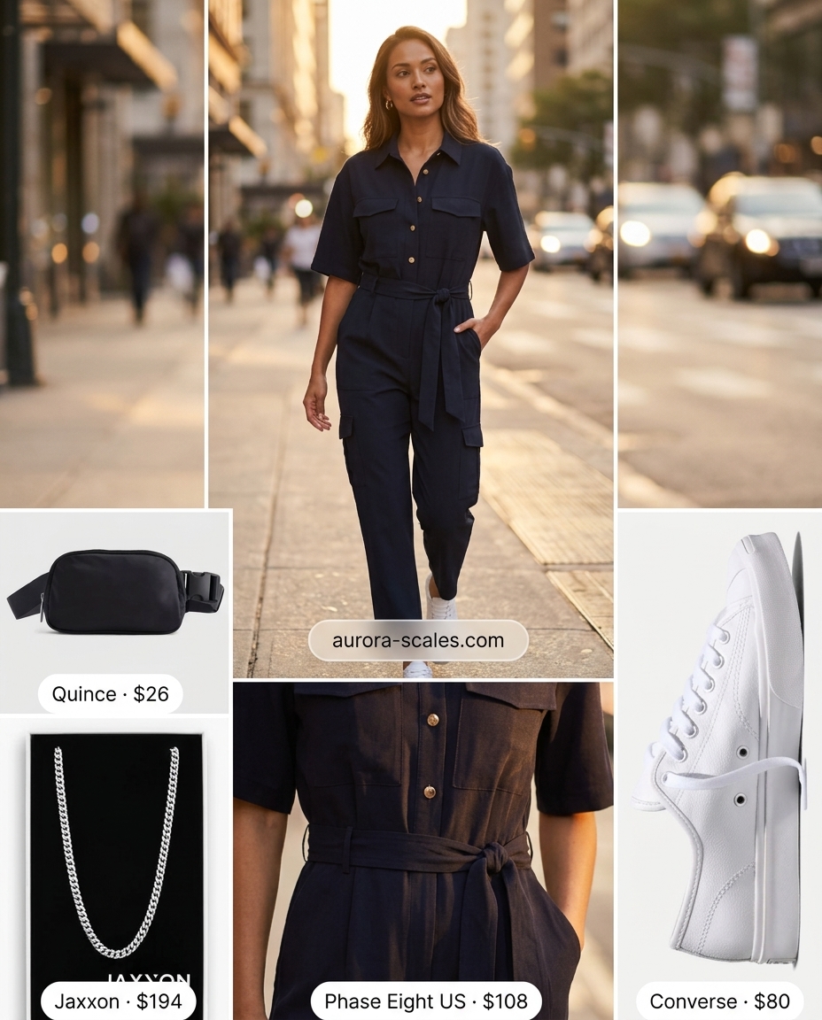 Navy wide-leg utility jumpsuit, white sneakers, black crossbody bag for cool NYC street style summer outfits 2026.
