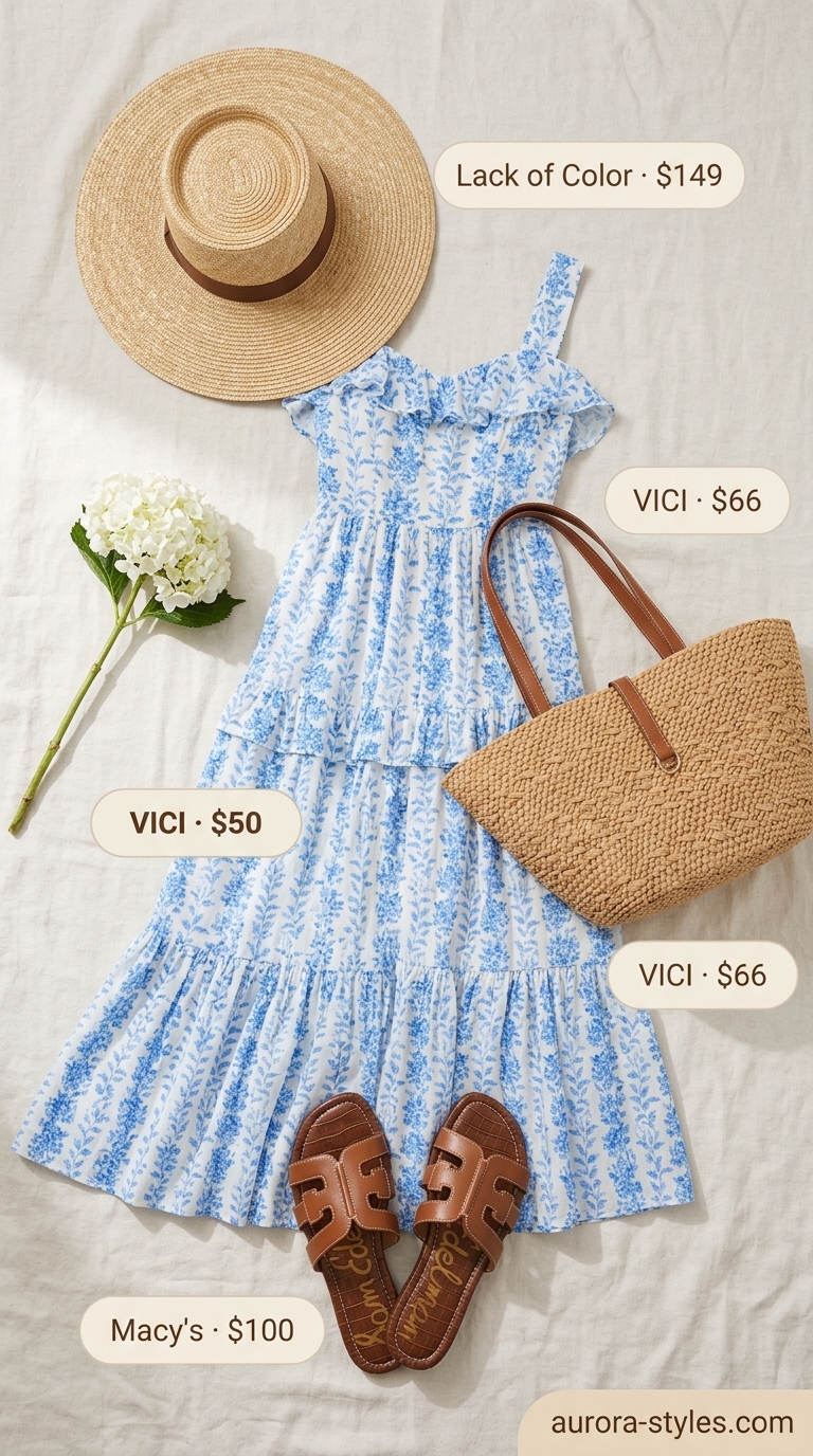 Sky blue floral maxi dress, straw hat, tan slides for airy NYC street style summer outfits 2026.
