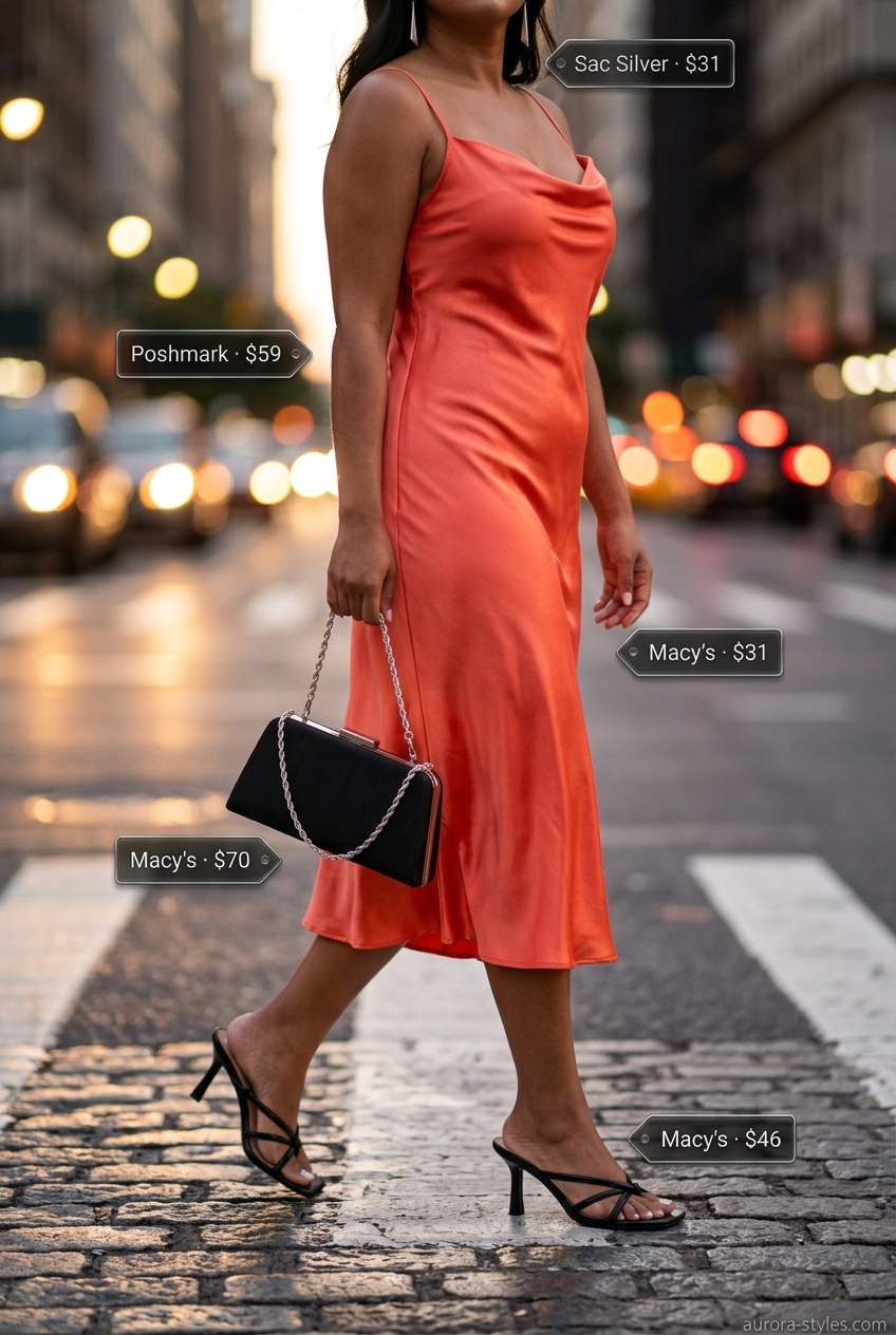 Coral satin midi slip dress, black strappy heels, silver earrings for elegant NYC street style summer outfits 2026.