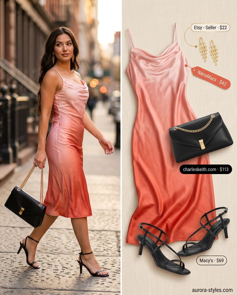 Sunset Slip Dress for NYC street style summer outfits 2026. Ombre, cowl neck, strappy heels, mini shoulder bag.