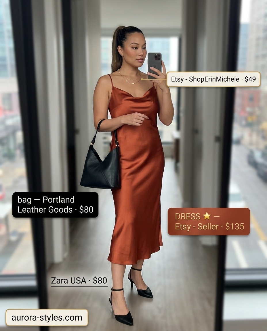 Terracotta slip dress, black heels, layered gold necklaces for sensual NYC street style summer outfits 2026.