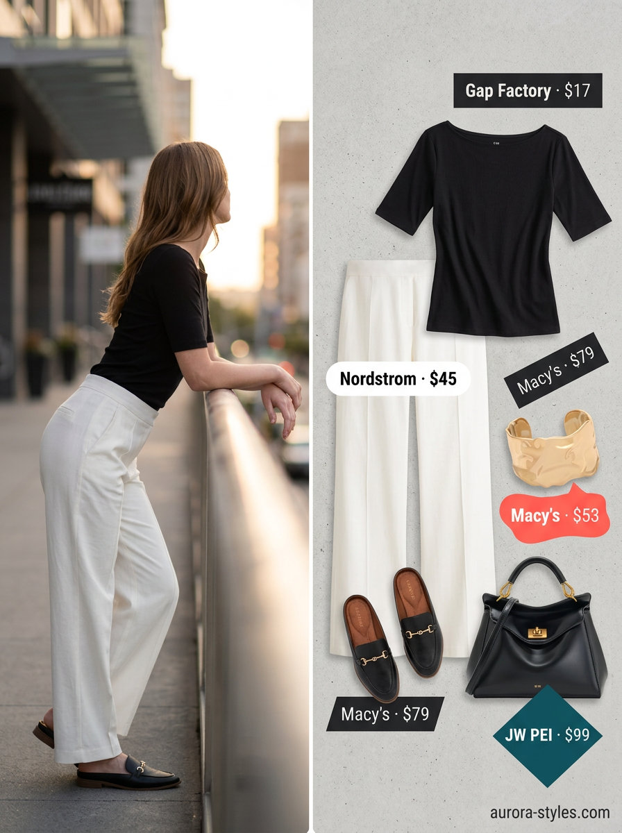 White tailored trousers, black knit top, black mules for sophisticated NYC street style summer outfits 2026.