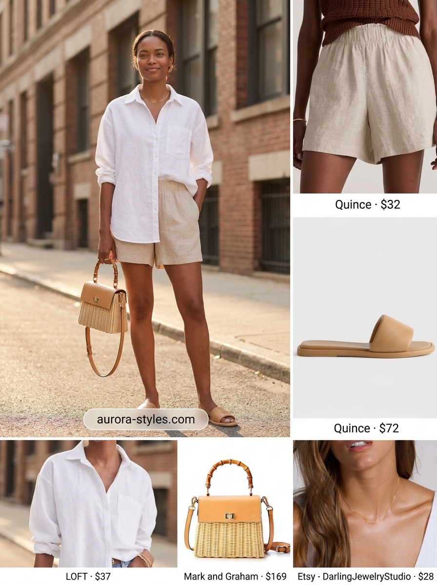 Beige linen shorts, white oversized linen shirt, tan slides for effortless NYC street style summer outfits 2026.