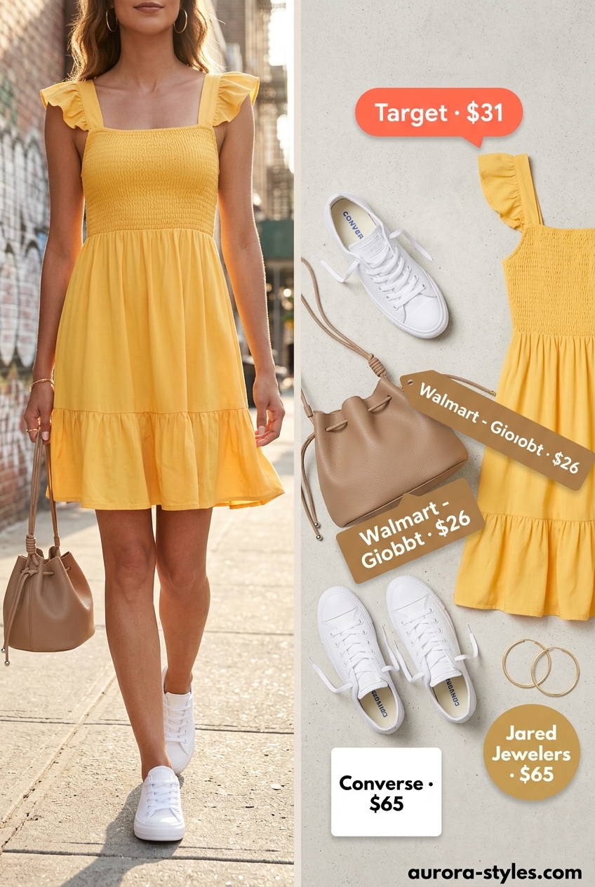 Playful Yellow Mini Dress for NYC street style summer outfits 2026. Puff sleeves, sneakers, bucket bag, gold hoops.