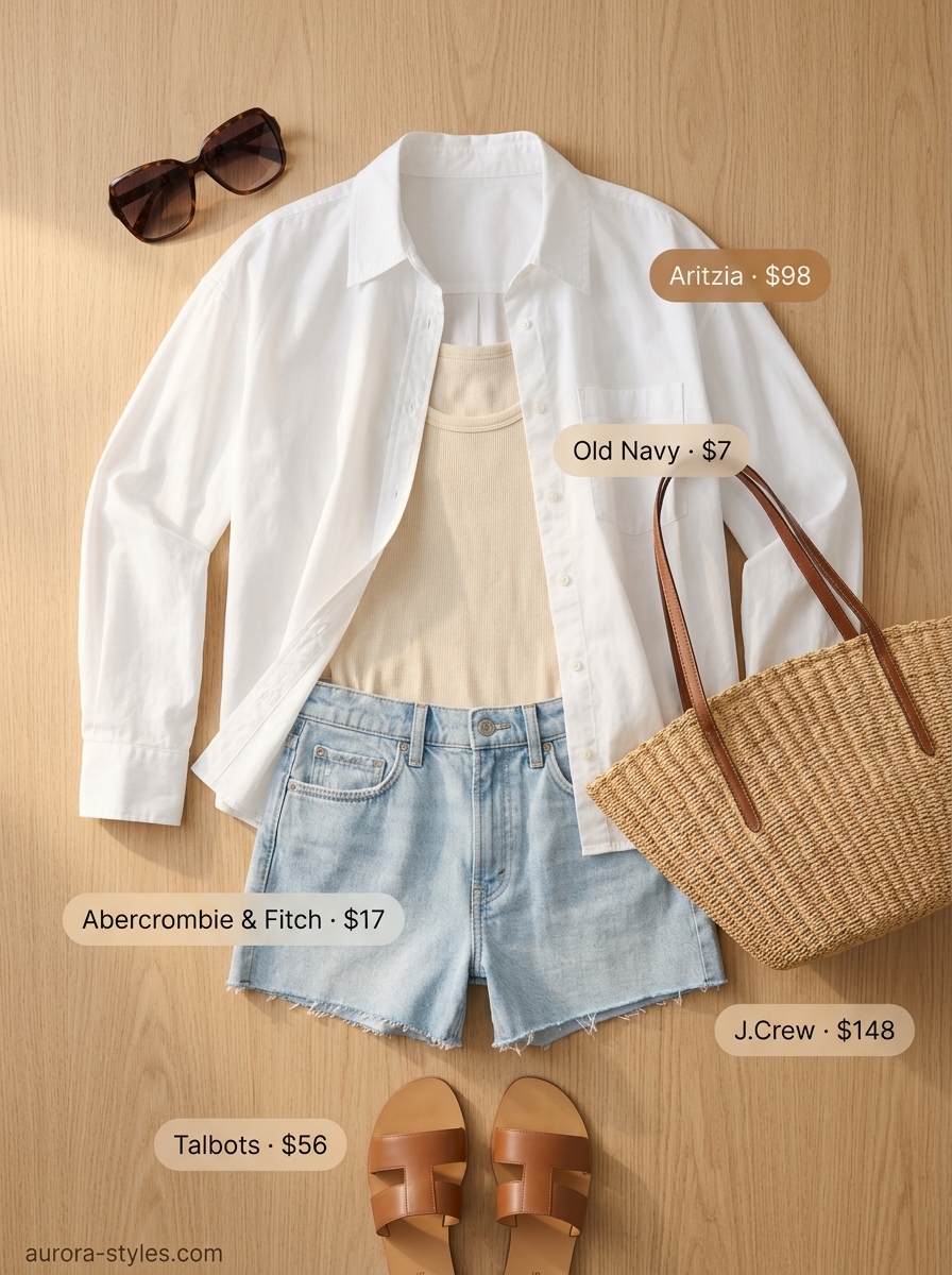 Oversized summer outfit for women 2026: White button-down shirt, denim shorts, straw tote for beach day.