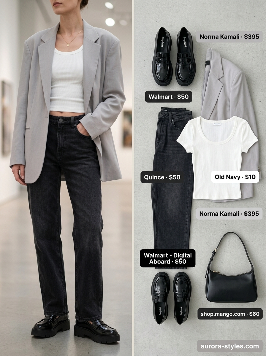 Oversized summer outfit for women 2026: Gray linen blazer, white crop top, black jeans & loafers for a creative office.