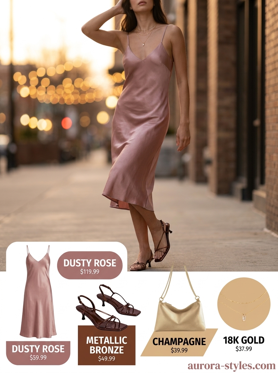 Oversized summer outfit for women 2026: Dusty rose slip dress, bronze heels, & champagne bag for date night.
