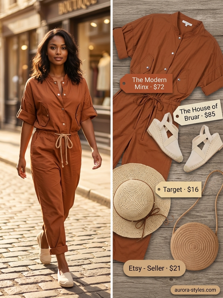 Oversized summer outfit for women 2026: Terracotta jumpsuit, straw bag, & wedges for desert bloom style.