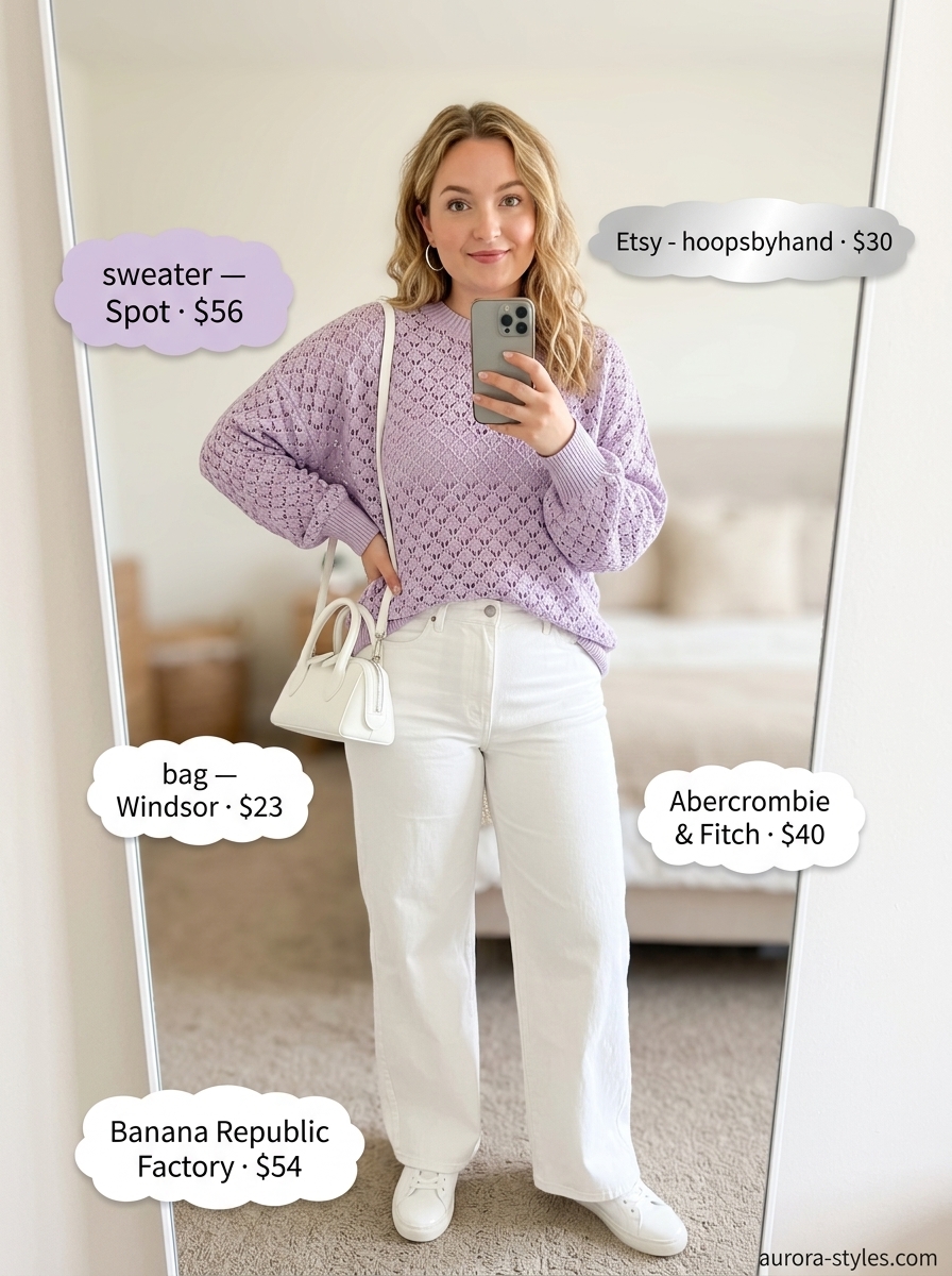 Oversized summer outfit for women 2026: Lavender sweater, white jeans, & silver accessories for a cool evening.