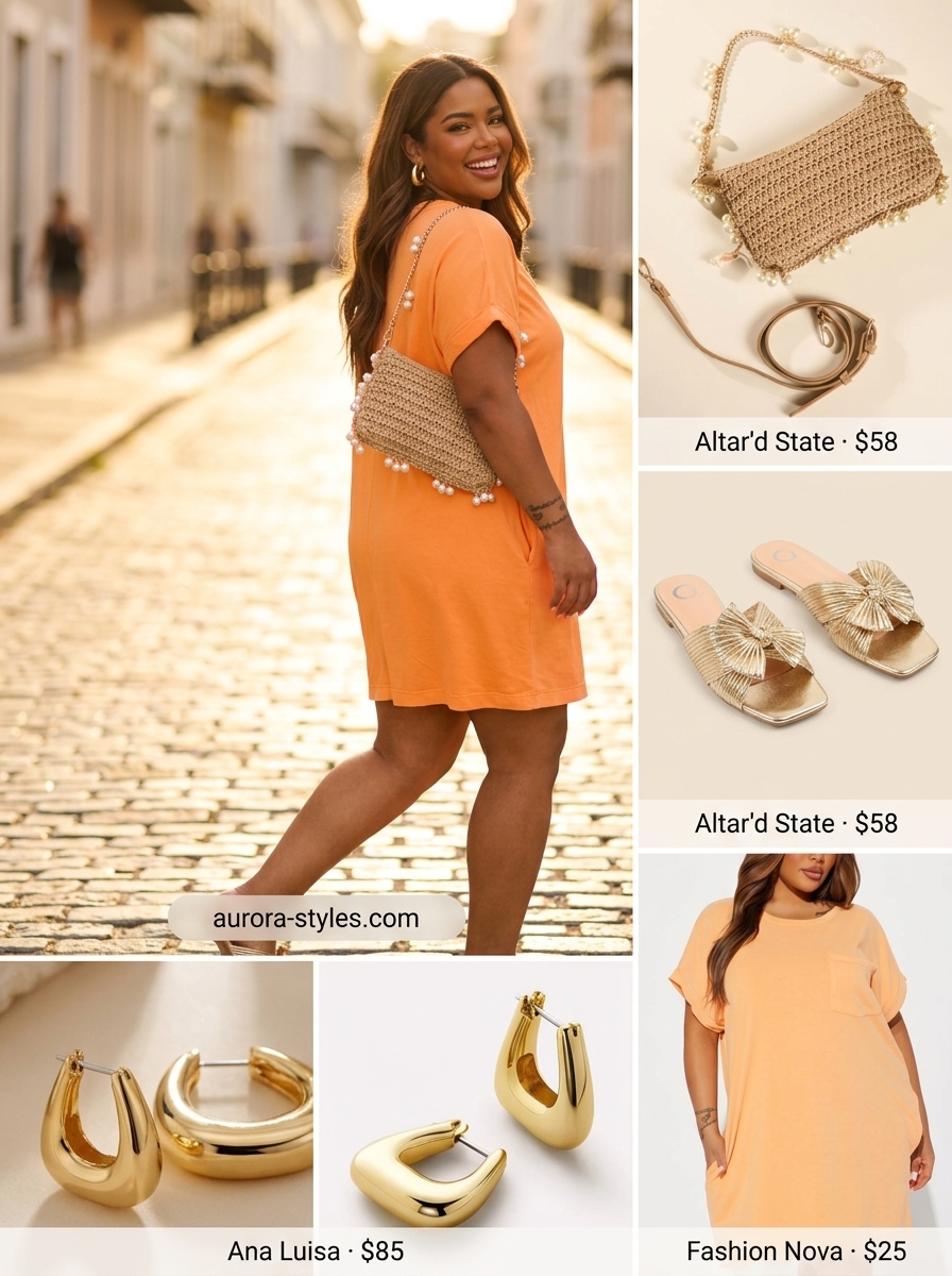 Oversized summer outfit for women 2026: Sunset orange dress, gold sandals, raffia bag for vacation dinner.