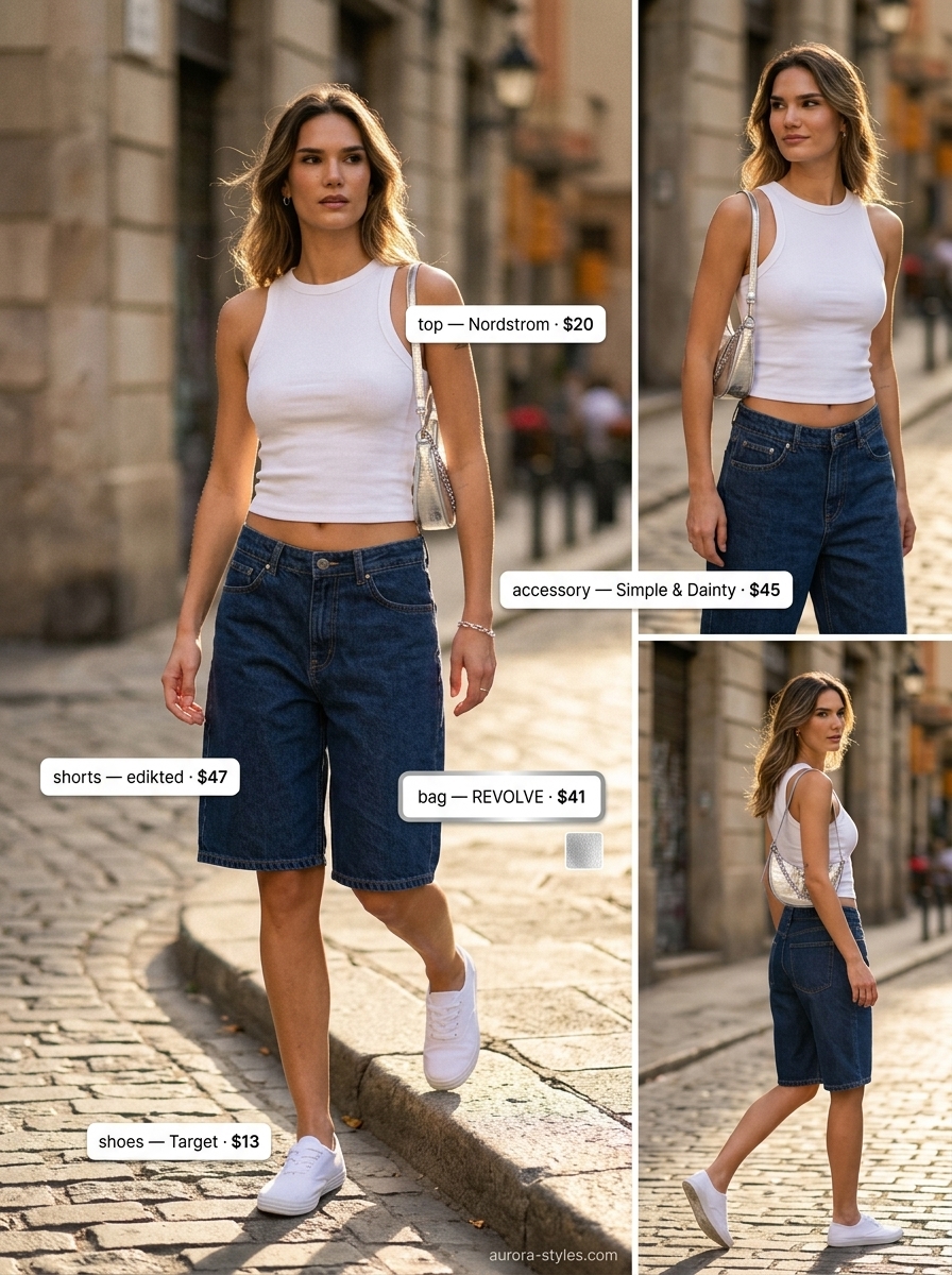 Oversized summer outfit for women 2026: Light blue denim shorts, white tank, & silver accessories for a weekend market stroll.