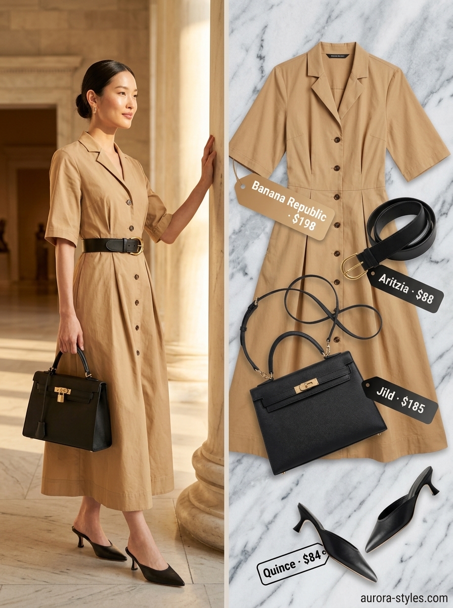 Oversized summer outfit for women 2026: Beige poplin shirtdress, black belt & mules for a museum visit.