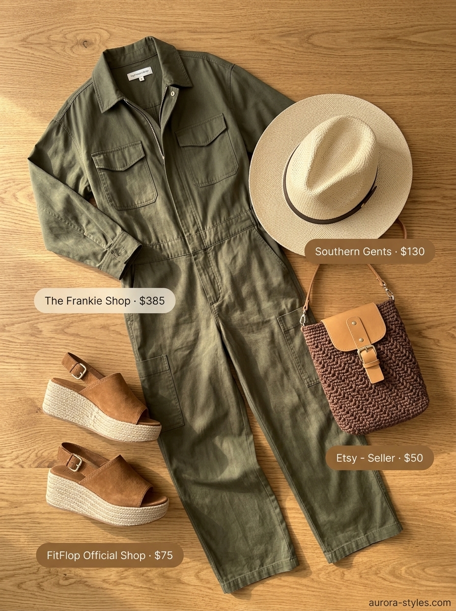 Oversized summer outfit for women 2026: Khaki jumpsuit, woven bag, & straw hat for safari explorer chic.