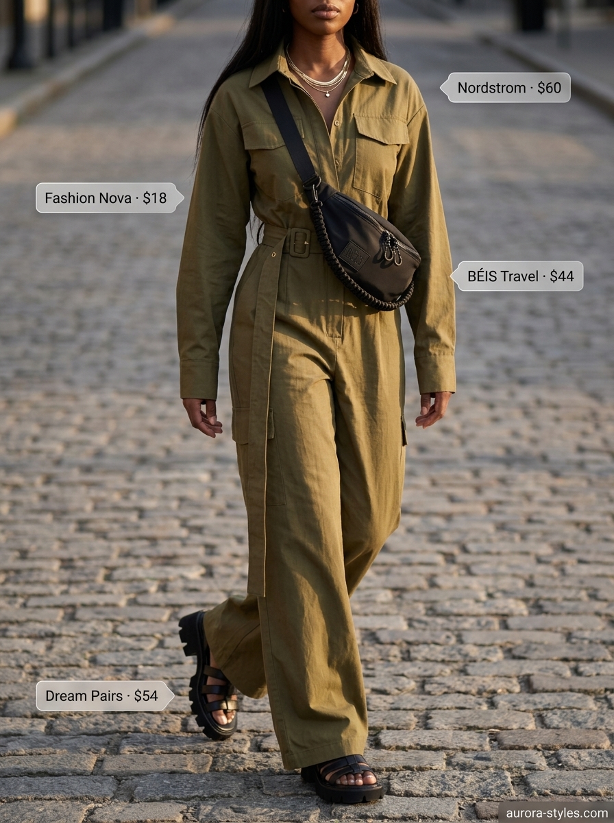 Oversized summer outfit for women 2026: Olive green utility jumpsuit, black belt bag, & gold necklaces for safari adventure.