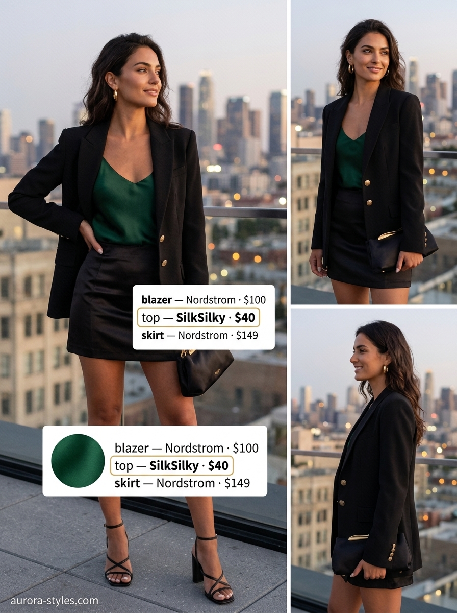 Oversized summer outfit for women 2026: Black blazer, emerald silk cami, mini skirt for cocktail hour.
