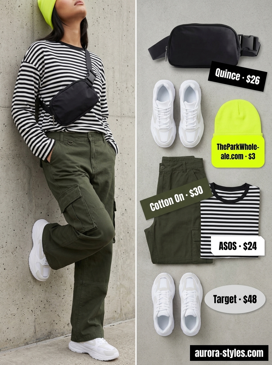Oversized summer outfit for women 2026: Khaki cargo pants, striped tee, & chunky sneakers for streetwear.