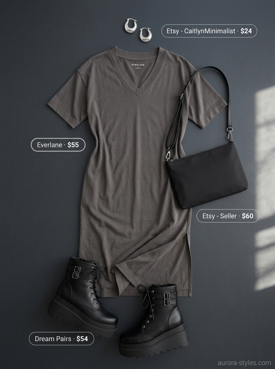 Oversized summer outfit for women 2026: Charcoal t-shirt dress, chunky boots, silver hoops for city sightseeing.