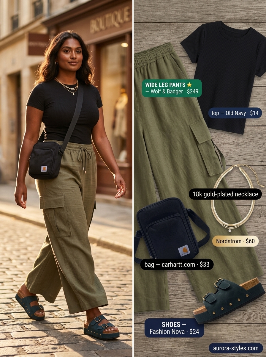 Oversized summer outfit for women 2026: Olive cargo pants, black crop top, gold necklace for city sightseeing.