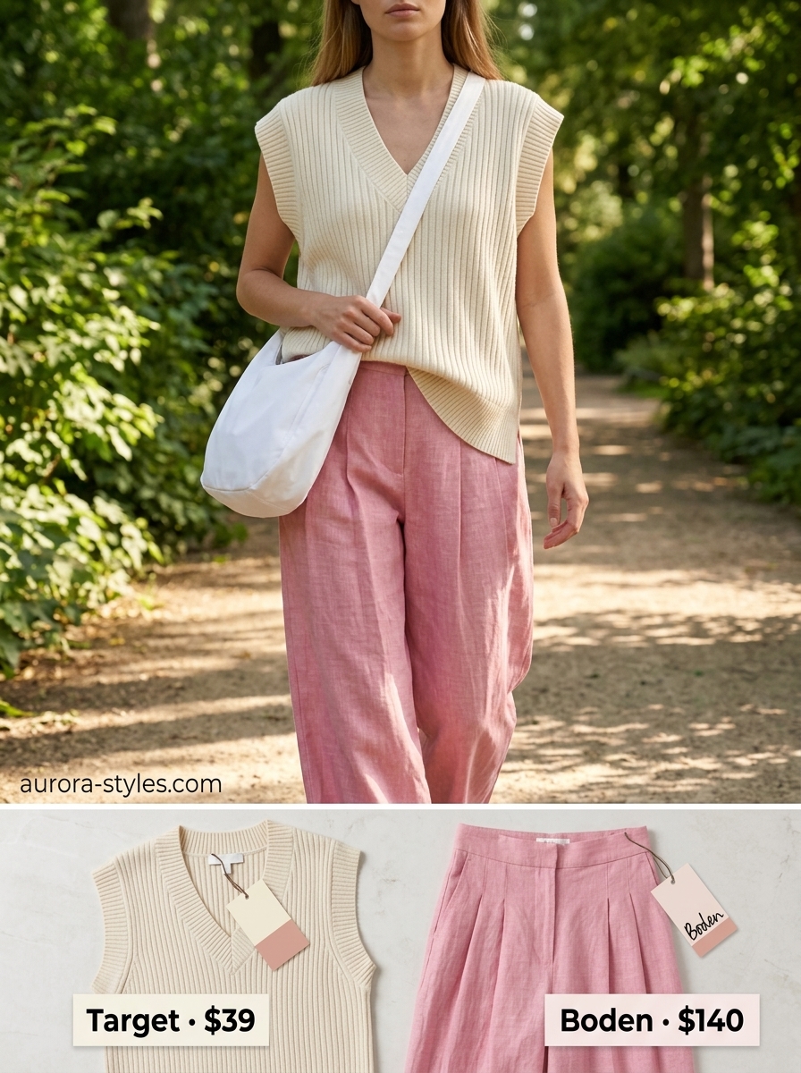 Oversized summer outfit for women 2026: Blush pink linen shorts, cream knit vest, white sneakers for weekend errands.