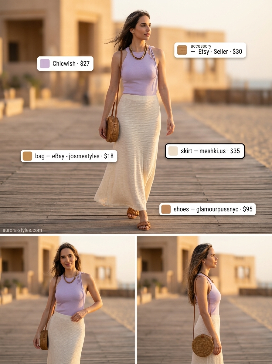 Oversized summer outfit for women 2026: Lavender top, cream knit skirt, and rattan bag for beach boho.