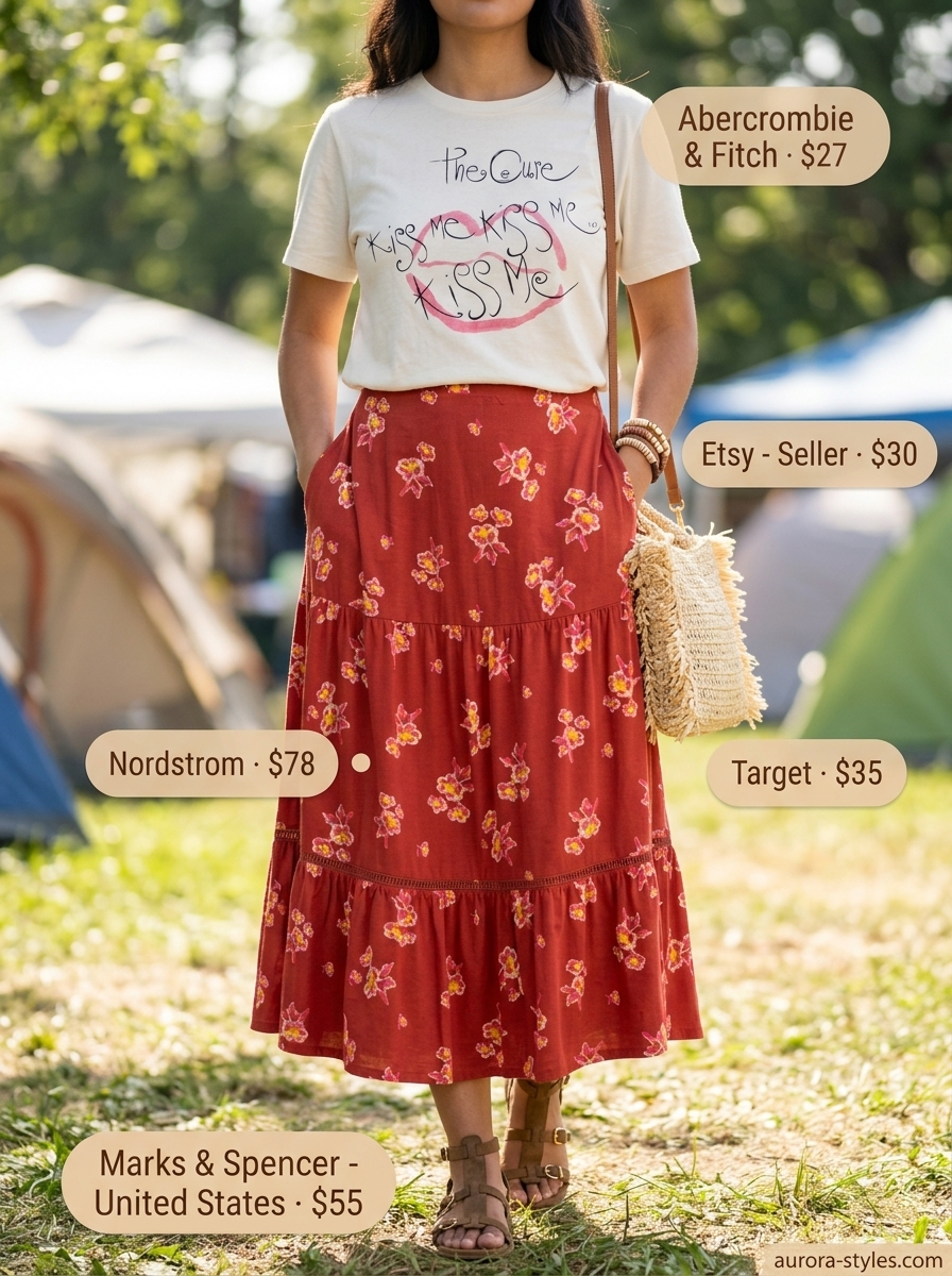 Oversized summer outfit for women 2026: Rust skirt, graphic tee, and fringe bag for festival style.