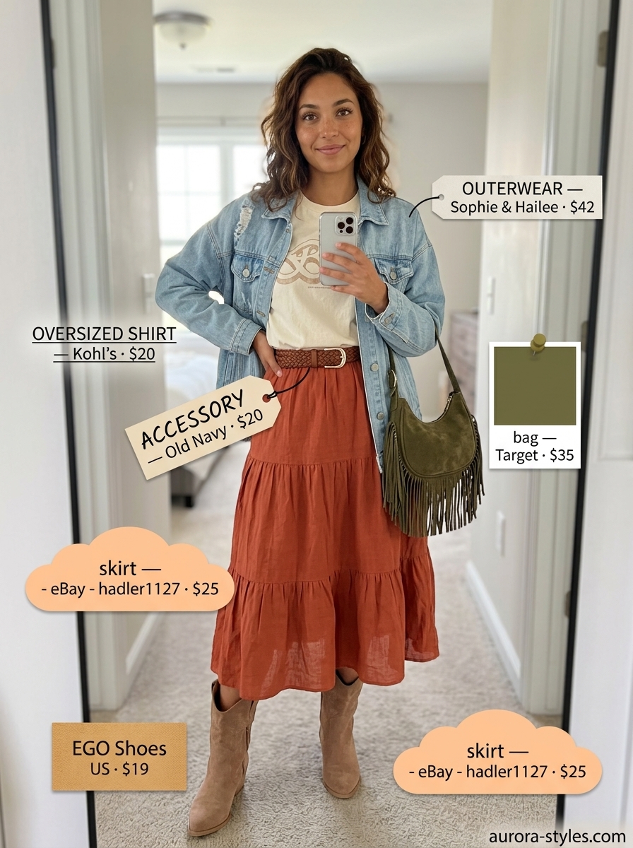 Oversized summer outfit for women 2026: Denim jacket, band tee, and rust skirt for festival vibes.