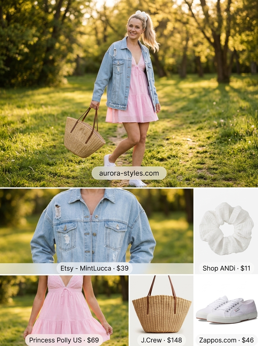 Oversized summer outfit for women 2026: Pastel pink sundress, denim jacket, and straw bag for a picnic.